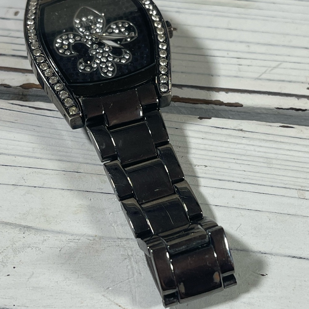 *NEW BATTERY* BKE watch fleur-de-lis Lily Saints Rhinestone Gunmetal Black Steel - Picture 9 of 12